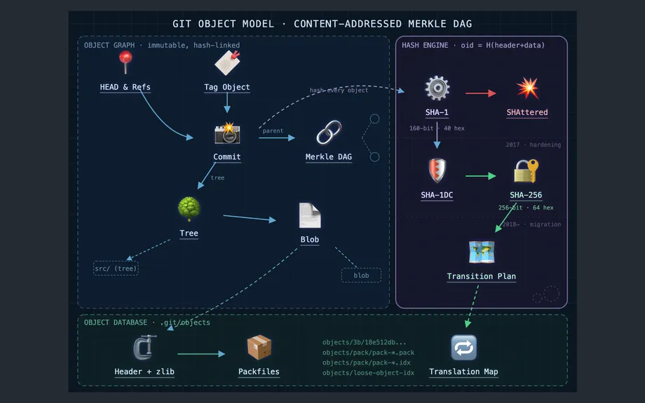 A Vectree diagram of Git's object model on a dark canvas: HEAD and refs, a tag, a commit, the Merkle DAG, a tree and a blob on the left, a hash engine running from SHA-1 through SHAttered and SHA-1DC to SHA-256 and a transition plan on the right, and the object database with zlib headers, packfiles and a translation map along the bottom.